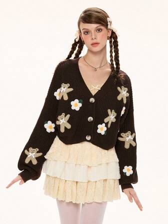 Kawaii Damen V-Ausschnitt süßer Bär & florales bestickter Cardigansweater mit Drop Shoulder und Langarm