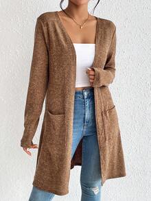 SHEIN Essnce Dual Pocket Open Front Coat Without Cami Top In Fall/Winter - Brown - View 3