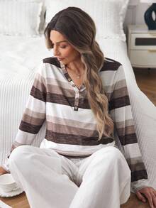 Louniche 长袖V领纽扣装饰休闲多色条纹女式T恤图案T恤女式春秋季上衣女装 - 咖啡棕 - 查看 9