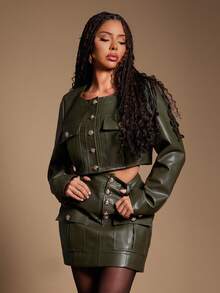 Radiana Women's PU Leather Short Jacket, Vintage Motorcycle Style, Long Sleeve, Cropped, High-Quality, Autumn/Winter Olive Green,جاكيتات شتويه نسائي - Army Green - View 5