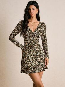 Poéselle Abito mini alla moda con maniche lunghe e fiori ditsy con laccio frontale per le donne