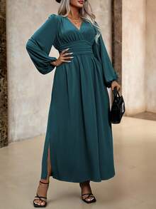 Roveilla Plus Size Women's Solid Color Criss-Cross V-Neck Lantern Sleeve Ruffle Waist Slit Hem Elegant Dress Maxi Women Outfit Teal Dressgreen Long Sleeve Dressteal Blue Dressplus Size Green Dresslantern Sleeve Dress - Teal Blue - View 4