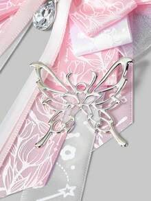 ROMWE Anime 1pc Pink & White Kawaii Sweet Cute Y2K Bow Crystal Moon Print Handmade Keychain, Suitable For Preppy, Lolita Style, Can Be Hung On Bags, Pants - Baby Pink - View 3