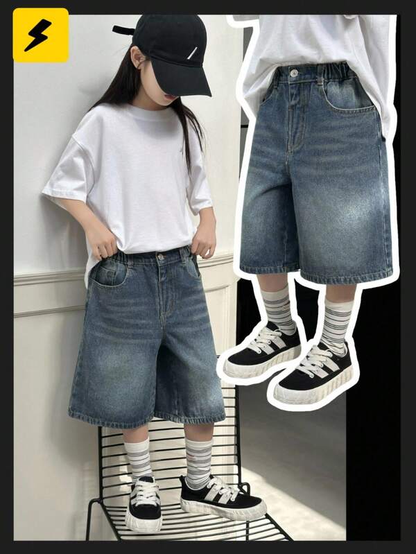 SHEIN Denimly Tween Girls Dark Washed Blue Denim Bermuda Shorts, Comfortable And Stylish Casual Wear For Summer! Crafted With Vintage Dark Washed Blue Denim Fabric, Featuring Elastic Waistband With Button Closure, Faux Chain Decoration, And A Relaxed Straight Leg Silhouette. Suitable For Daily Wear, School, Weekends, Back-To-School, Beach Vacations, And More To Showcase Your Unique Personalized.