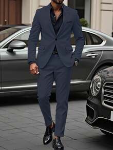 Manfinity Mode 男士休闲商务简约缺角翻领西装外套和西装裤套装男士休闲西装男士正装男士正装 - 藏蓝色 - 查看 5