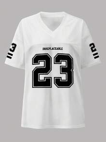 INAWLY Áo thun cổ chữ V cỡ lớn dành cho nữ với khẩu hiệu "Không thể thay thế" và hình in 23 họa tiết - trắng - Xem 3