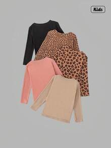 Sweetra 5pcs Young Girl Lovely Ribbed Cat Embroidery + Leopard Print Round Neck Long Sleeve T-Shirts - Multicolor - View 2