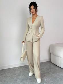 Rafferiza 女士通勤长袖不对称金属纽扣套装 女士西装套装 两件套 女士优雅套装 女士配套套装 - 卡其色 - 查看 3