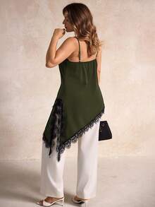 Elegantrix 大码女式都市休闲蕾丝不对称下摆 V 领拼接纯色吊带背心 - 軍綠色 - 查看 7