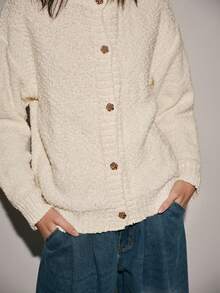 SHEIN LUNE Women's Cream White Autumn Elegant Office Loose Knit Cardigan,White Chrysanthemum Textured Button Up Oversized Sweater,Autumn/Winter Neutral Clothes - White - View 4