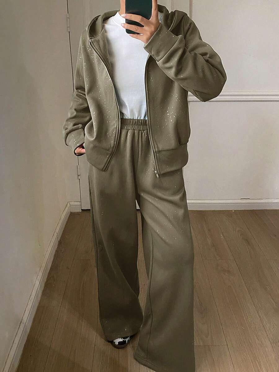 DAZY 女款休閒連帽衛衣與寬腿褲兩件套,秋季女款居家休閒套裝 - 軍綠色 - 查看 1