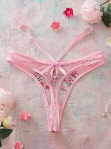 Women's Floral Embroidered Mesh Bow Decor Thong Panties - Pink - View 5