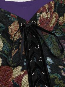 Sweetra 印花拼接抹胸系带喇叭袖大码连衣裙 - 淡紫色 - 查看 3