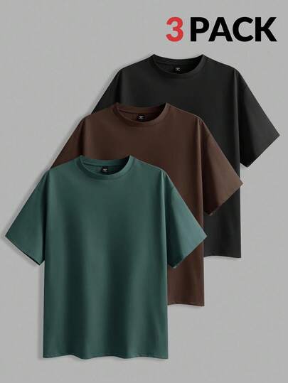 EASEVO 3pcs/Pack Men's Plus Size Solid Color Fitted Crew Neck Short Sleeve T-Shirt, Casual Style Suitable For Summer Everyday Wear