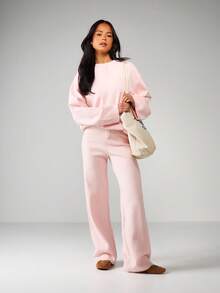 MISSGUIDED High Rise Ribbed Knit Straight Leg Pants With Button Front Waistband Detail - Baby Pink - View 3