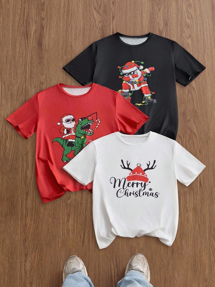 Manfinity VCAY 男士图案T恤，冬季圣诞元素印花3件装，圆领短袖T恤 - 彩色 - 查看 12