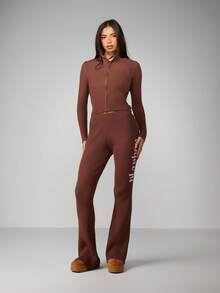 Missguided x Playboy Ribbed Knit Zip Up Cardigan With Logo Print Fall Winter Lightweight Jacket - Coffee Brown - View 5