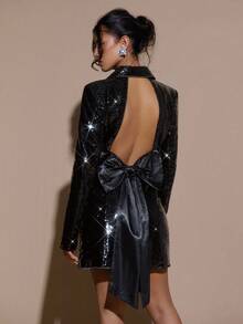 SHEIN BAE 女式翻领长袖束腰优雅时尚西装外套 - 黑色 - 查看 2