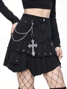 ROMWE Grunge Punk Gothic Visual Cross Embroidery Metal Chain Pendant A-Line Pleated Denim Skirt - Black - View 4