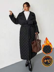 Firerie Abrigo acolchado de unicolor simple para uso diario y casual con cuello de solapa y cinturón de amarre para mujer talla grande, invierno - Negro - Ver 3