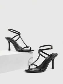 CUCCOO SZL Women's Fashionable Solid Color Open Toe Versatile Summer Heeled Sandals - Black - View 2
