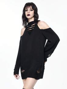 ROMWE Gothic Dark Style Open Shoulder Halter Neck Ripped Midi Dress, Edgy Distressed Design - Black - View 4