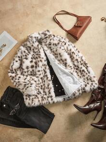 Anewsta Women's Chic Leopard Texture Fluffy Short Jacket, Long Sleeve - Multicolor - View 2