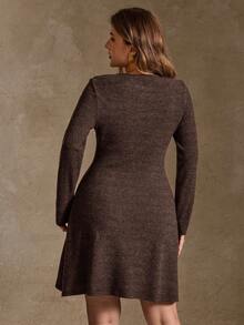 Elegantrix Plus Size Women Textured Floral Chiffon Ribbed Knit Rose Metal Button French Casual Split Dress, Autumn/Winter - Rust Brown - View 5