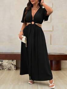 Roveilla Plus Deep V Neck Cut Out Waist Split Thigh Dress Maxi Women Outfit - Black - View 3