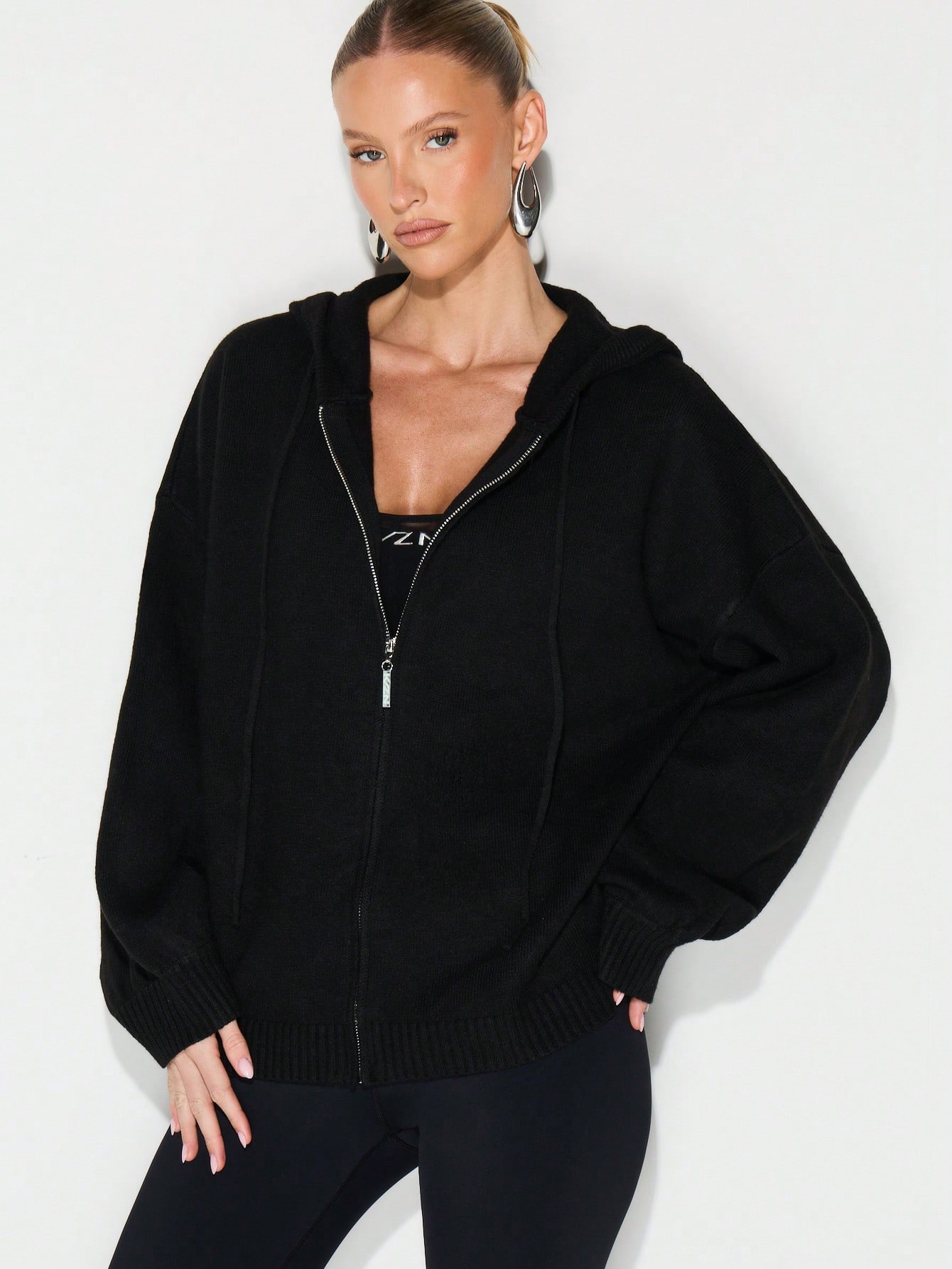 KIZN Chunky Knit Zip Up Hoodie With Drawstring