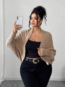 Elenzga Elegante cardigan a mantella di moda con motivo a rombi, taglie comode - Cachi - Visualizzare 4