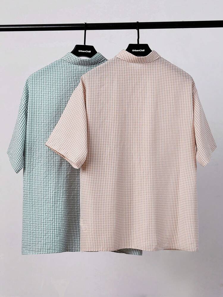 2pcs Men's Plaid Short Sleeve Shirt With Pocket, Woven Casual Shirt, Pack Of Several