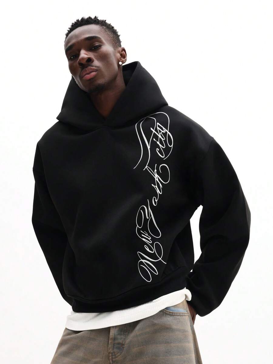 SUMWON 常规款男士连帽衫，带抽绳帽和中央口袋，休闲街头风套头卫衣 - 黑色 - 查看 1