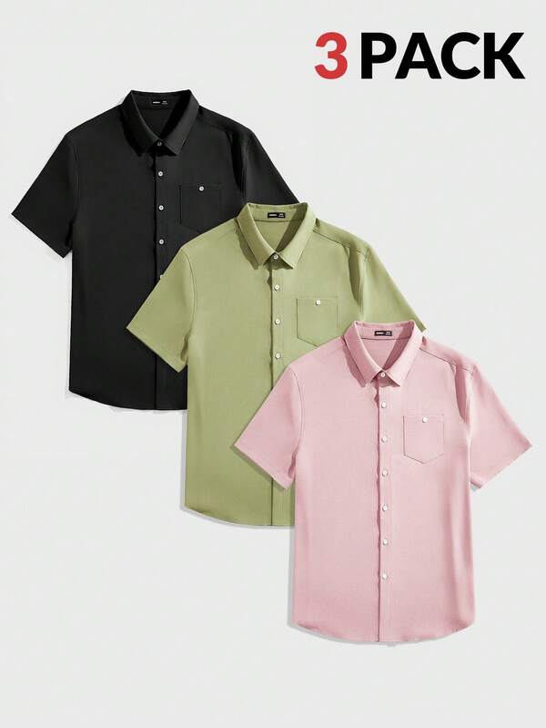 EASEVO 大码男式多色梭织短袖纽扣衬衫套装