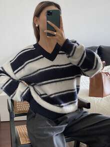 DAZY Women's Casual Colorblock Striped V-Neck Sweater, Autumn/Winter - Navy Blue - View 5
