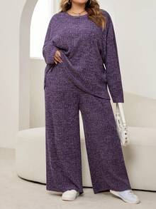 SHEIN CURVE+ 大码纯色简约日常穿搭圆领长袖上衣和裤子两件套 - 淡紫色 - 查看 4