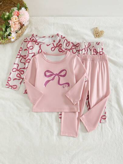 Baby Girls' Bow Print Long Sleeve Pajama Set, Comfortable Fitted Sleepwear With Cartoon Pattern