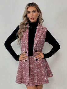 Elyressa 女士秋季通勤休闲翻领双排扣马甲半裙套装 - 粉色 - 查看 3