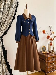 Vintamour Bộ đồ 2 món thanh lịch cổ điển dành cho nữ, có túi, áo sơ mi có cúc kim loại, váy chữ A, trang phục ngày lễ thường ngày, trang phục giáo viên dành cho nữ, quần áo mùa thu dành cho nữ, trang phục mùa thu dành cho nữ, trang phục đi nghỉ, trang phục mùa đông dành cho nữ, váy công sở thanh lịch dành cho nữ, trang phục cao bồi dành cho nữ, váy thanh lịch dành cho nữ, trang phục miền Tây dành cho nữ, váy mùa thu dành cho nữ, váy dạ hội - Nhiều màu - Xem 5