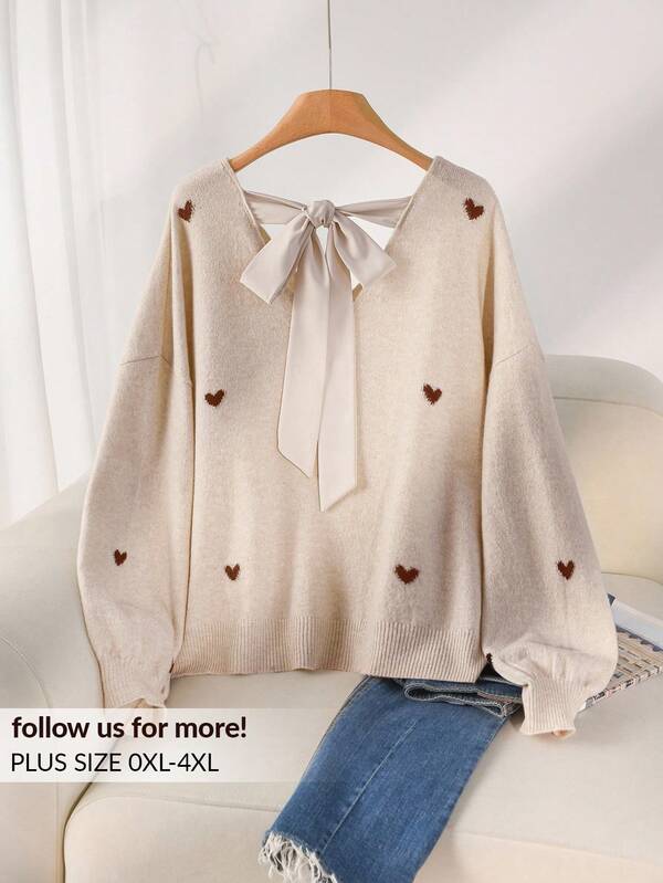 CosyJoli Plus Size Casual Heart Pattern Beige V-Neck Backless Pullover Sweater/Winter