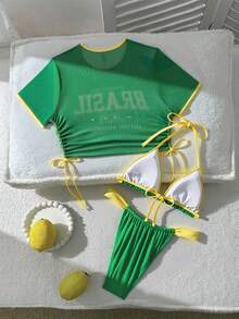Swim SXY Bộ 3 áo thun lưới in hình lá cờ gợi cảm và bộ bikini, trang phục đi biển thường ngày, xuân/hè - màu xanh lá - Xem 3