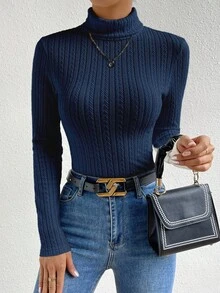 RosyDaze Áo thun Raglan cổ lọ tay dài màu trơn, dệt kim xoắn, dáng ôm thường ngày - Màu xanh hải quân - Xem 3