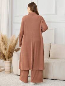 Lacomfia 2 Stücke/Set minimalistisches einfarbiges geripptes Maxi-Hemd mit Langarm und Hose mit elastischem Bund und weitem Bein, Große Größen, Frühling/Herbst