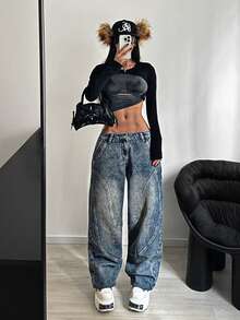 StreetHx 复古水洗低腰阔腿牛仔裤 - 深色水洗藍 - 查看 1