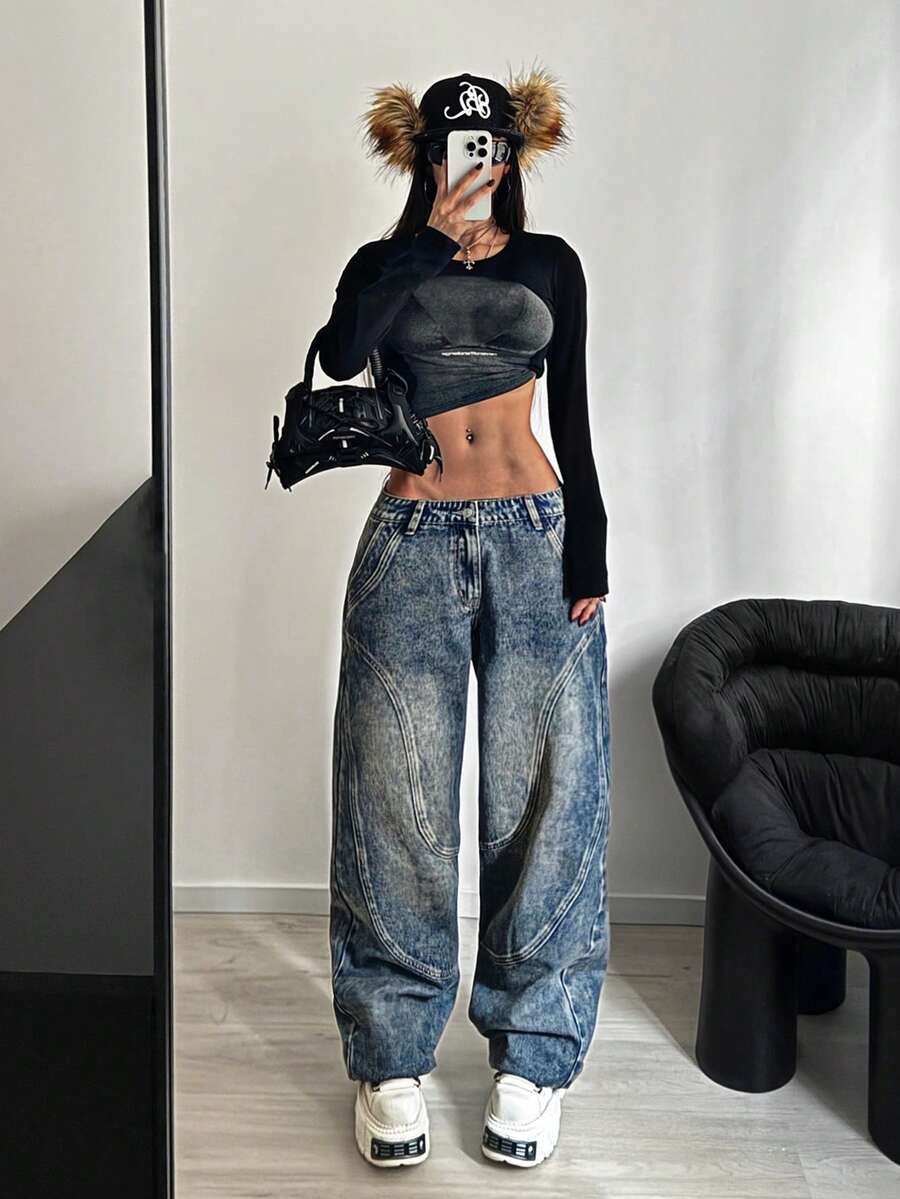 StreetHx 复古水洗低腰阔腿牛仔裤 - 深色水洗藍 - 查看 1