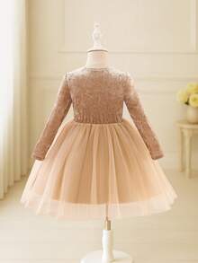 Glamorique Kids 年轻女孩优雅迷人可爱杏色天鹅绒长袖蝴蝶结紧身复古双层闪亮薄纱泡泡袖连衣裙