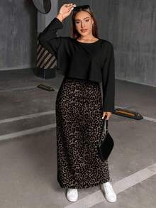 SHEIN Essnce Plus Size Casual Solid Color Long Sleeve Top And Leopard Print Dress 2-Piece Set, Autumn Leopard Skirt Skirt Long Cheetah Skirt/Winter