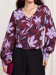 Miaspire Women's Floral Print V-Neck Lantern Sleeve Loose Fashion Blouse - Multicolor - View 1