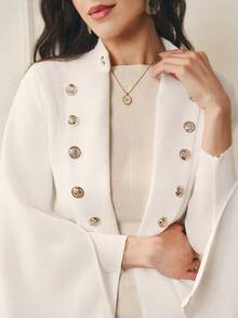 SHEIN Clasi 女士时尚优雅白色纽扣装饰长款大衣 - 卡其色 - 查看 5