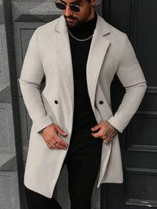 Manfinity Mode 男士纯色口袋纽扣长袖大衣，秋季外出外套，送给朋友、丈夫、男友的礼物，男士外套，男士外衣，米色男士羊绒休闲正装，冬季款 - 杏色 - 查看 7